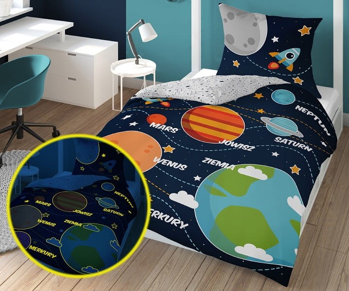 Pościel FLUO Świecąca W Ciemności Planety 160x200 cm. DETEX-145