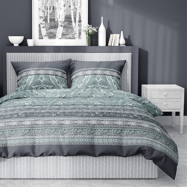Ekskluzywna Pościel Z Bawełny Satynowej 220 x 200 cm. Grafitowa Miętowa Kwiaty Pasy 4606-A