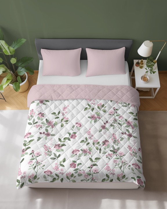 Narzuta Pikowana Dwustronna 220x240 cm. Biała Pudrowa Różowa Kwiaty NR-K117