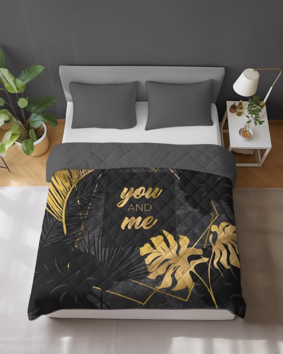 Narzuta Pikowana Dwustronna 220 x 240 cm. Czarna Złota Szara Liście NR-K103