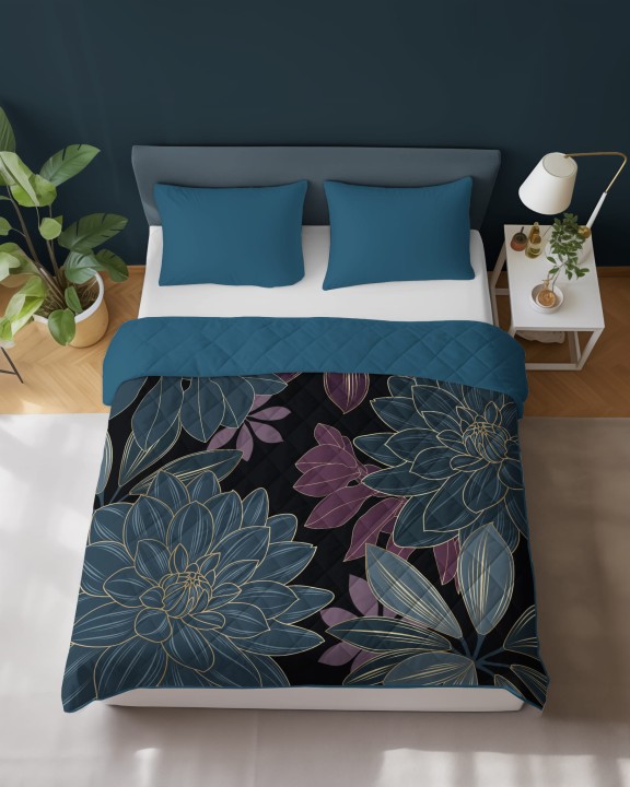 Narzuta Pikowana Dwustronna 200x220  cm. Czarny Fioletowy Niebieski Kwiaty NR-K112