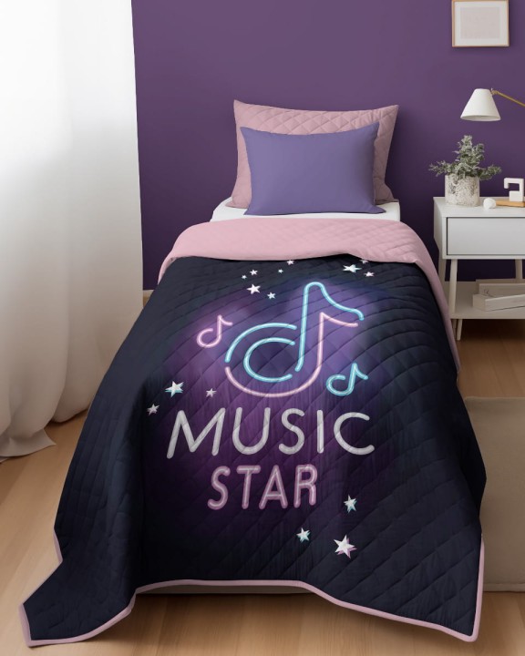 Narzuta Młodzieżowa 170x210 cm. Pikowana Dwustronna Czarny Różowy Music Nutka Muzyka K-99