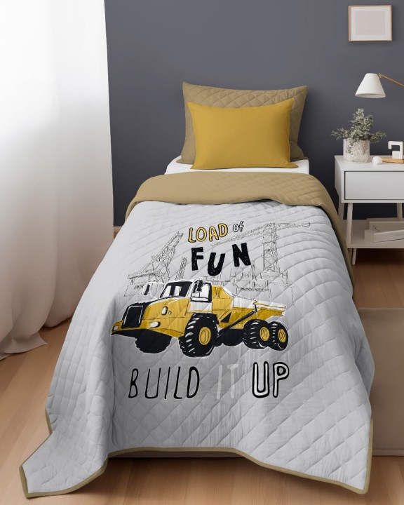 Narzuta Młodzieżowa 170x210 cm. Pikowana Dwustronna Szary Żółty Wywrotka Maszyny Budowlane Budowa K-88
