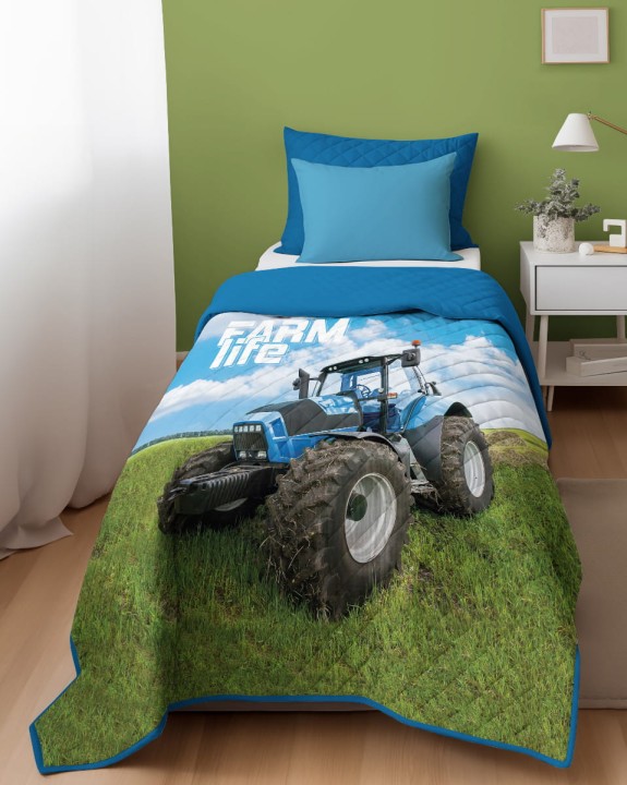 Narzuta Młodzieżowa 170x210 cm. Pikowana Zielony Niebieski Łąka Traktor K-79