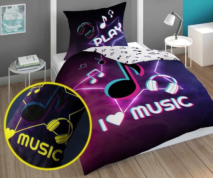 Pościel Dziecięca Świecąca W Ciemności 160x200 cm. Fioletowa Music Nutki Muzyka 4728