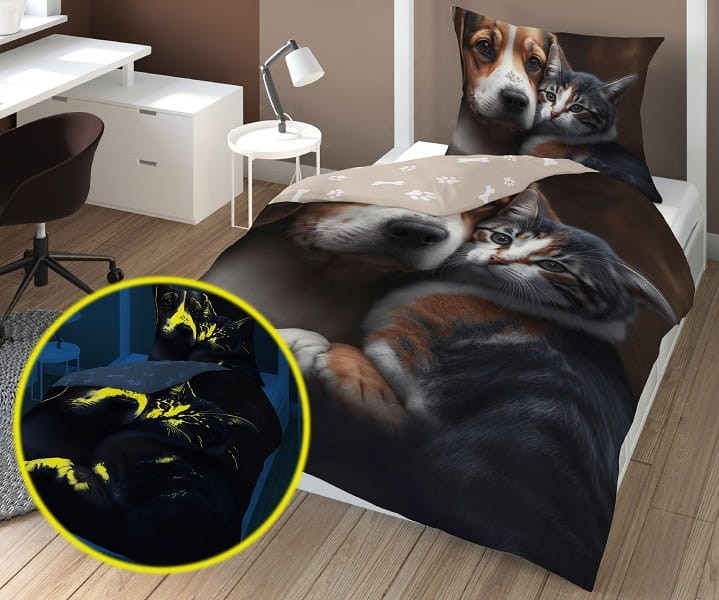 Pościel Dziecięca Świecąca W Ciemności 160x200 cm. Piesek Kotek 4731