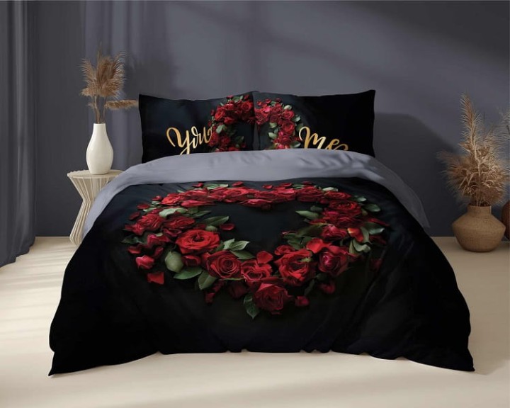 Pościel Holenderska 160x200 cm. 100 % Bawełna Czarna Serce Czerwone Róże 5287-A