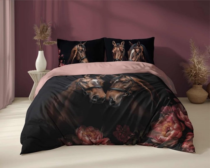 Pościel Zwierzęta 160x200 cm. Bawełna 100%  Czarna Różowa Konie 5295-A