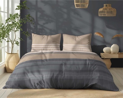 Komplet Pościeli Bawełnianej 220x200 BAWEŁNA 100 % Beżowa Szara Pasy 5245-A
