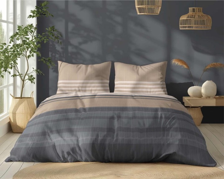 Komplet Pościeli Bawełnianej 220x200 BAWEŁNA 100 % Beżowa Szara Pasy 5245-A