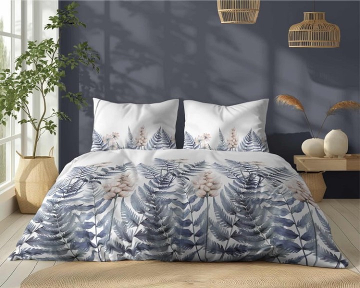 Komplet Pościeli Bawełnianej 220x200 BAWEŁNA 100 % Biała Niebieskie Liście 5248-B