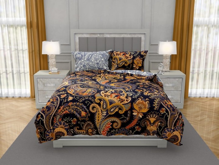 Luksusowa Pościel Z Bawełny Satynowej Druk Cyfrowy 220x200 cm. Czarna Złota Ornament 001