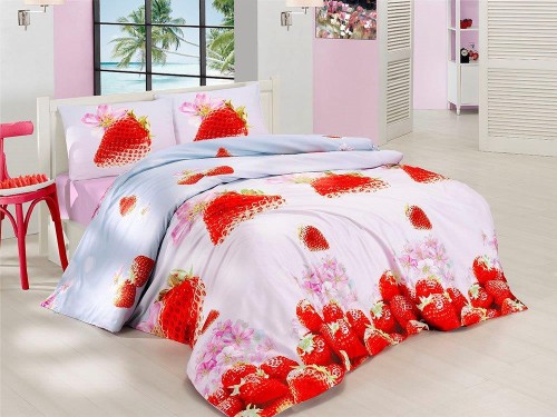 Luksusowa Pościel Z Bawełny Satynowej 220x200 cm. Truskawki