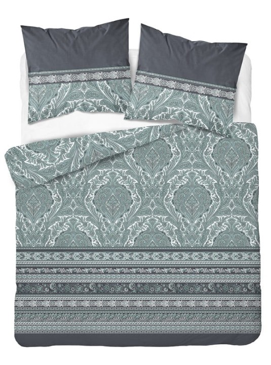 Ekskluzywna Pościel Z Bawełny Satynowej 220 x 200 cm. Grafitowa Miętowa Kwiaty Pasy 4606-A