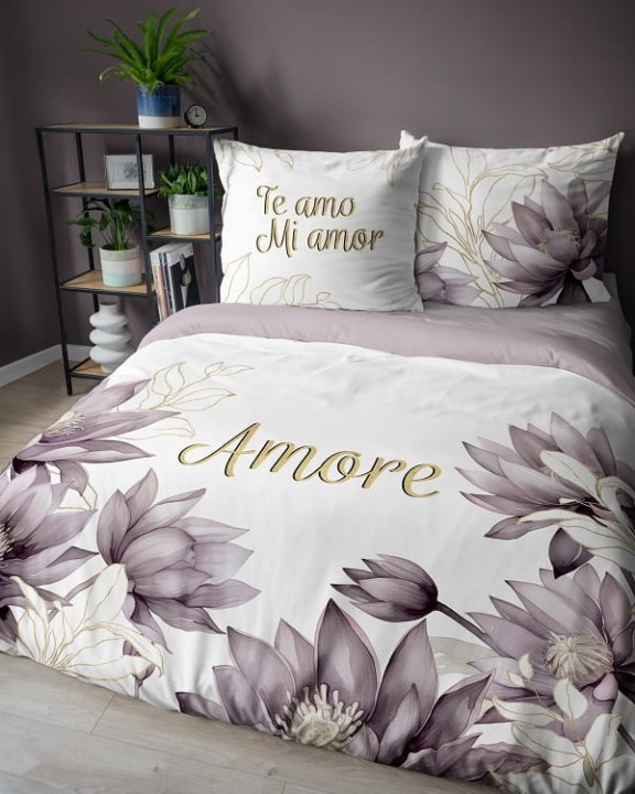 Pościel Holenderska 160x200 cm. 100 % Bawełna Biała Wrzosowe Kwiaty Amore 4866