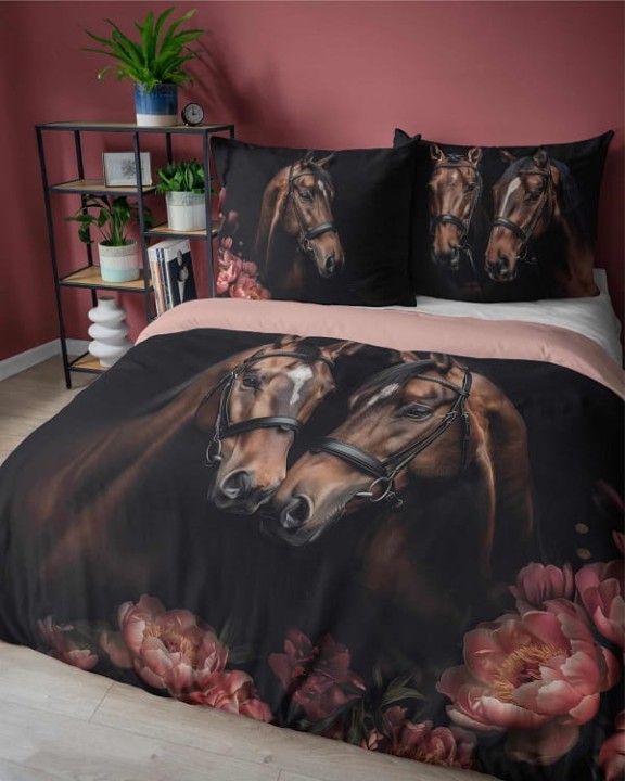 Pościel Zwierzęta 160x200 cm. Bawełna 100%  Czarna Różowa Konie 5295-A