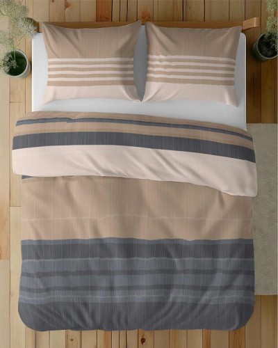 Komplet Pościeli Bawełnianej 220x200 BAWEŁNA 100 % Beżowa Szara Pasy 5245-A
