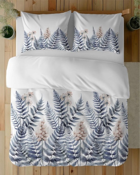 Komplet Pościeli Bawełnianej 160x200 BAWEŁNA 100 % Biała Niebieskie Liście 5248-B