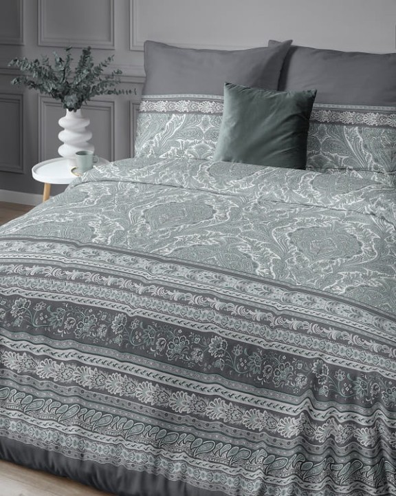 Ekskluzywna Pościel Z Bawełny Satynowej 220 x 200 cm. Grafitowa Miętowa Kwiaty Pasy 4606-A