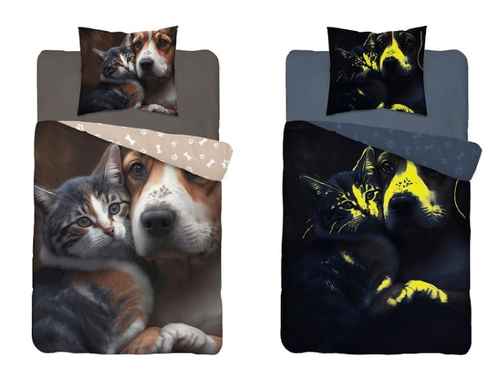 Pościel Dziecięca Świecąca W Ciemności 160x200 cm. Piesek Kotek 4731