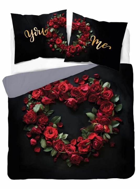 Pościel Holenderska 160x200 cm. 100 % Bawełna Czarna Serce Czerwone Róże 5287-A