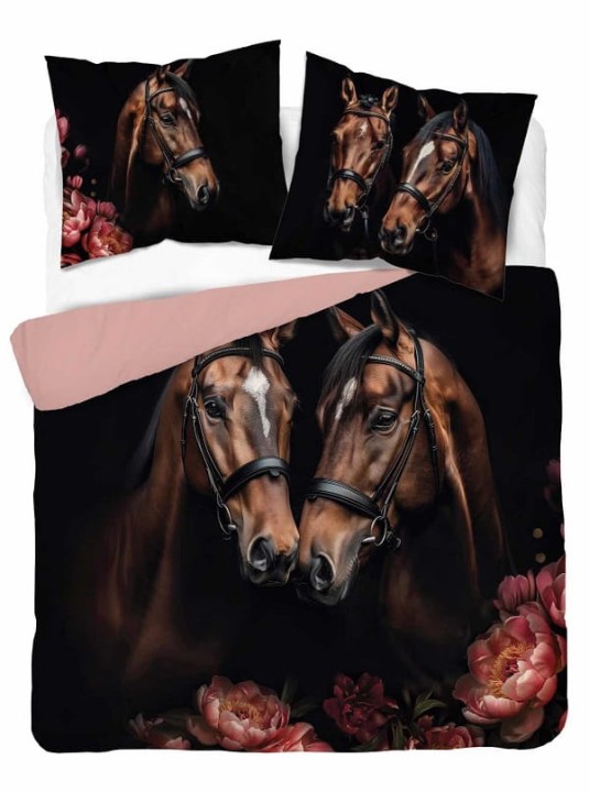 Pościel Zwierzęta 160x200 cm. Bawełna 100%  Czarna Różowa Konie 5295-A