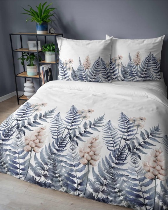 Komplet Pościeli Bawełnianej 220x200 BAWEŁNA 100 % Biała Niebieskie Liście 5248-B