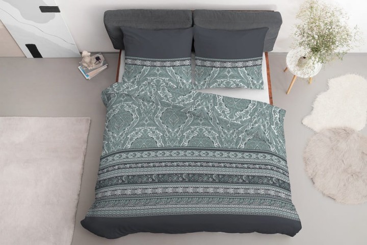 Ekskluzywna Pościel Z Bawełny Satynowej 220 x 200 cm. Grafitowa Miętowa Kwiaty Pasy 4606-A