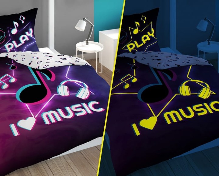 Pościel Dziecięca Świecąca W Ciemności 160x200 cm. Fioletowa Music Nutki Muzyka 4728