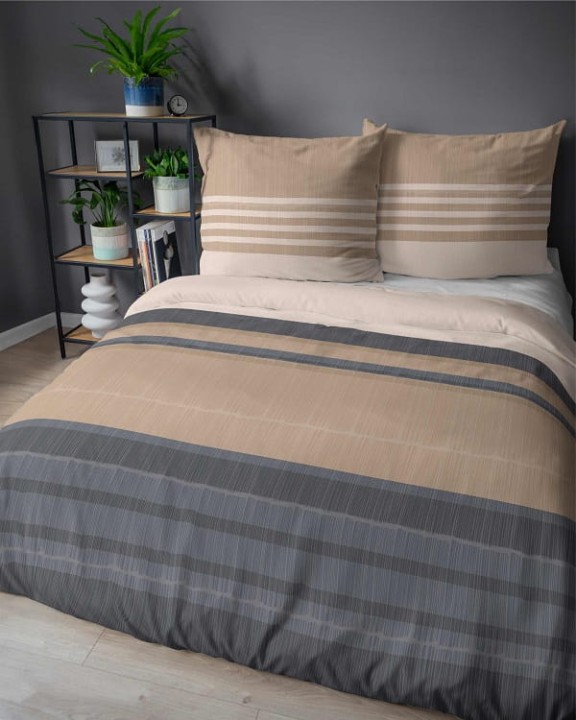 Komplet Pościeli Bawełnianej 220x200 BAWEŁNA 100 % Beżowa Szara Pasy 5245-A