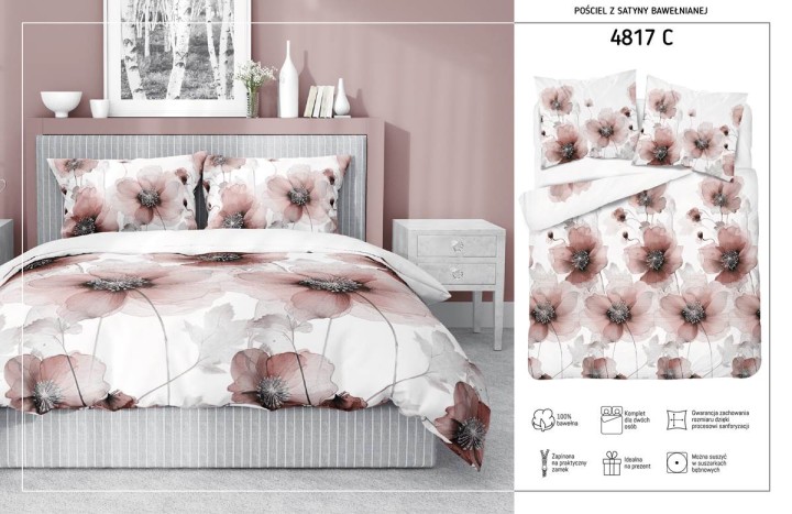Pościel Bawełna Satynowa 220x200 cm. Kwiaty 4817-C