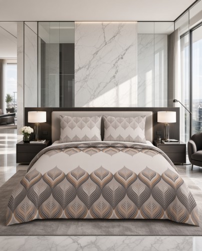 Pościel flanelowa szaro-beżowa wzór geometryczno liściasty – komplet 160x200 cm