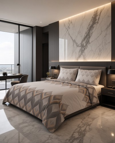 Pościel flanelowa szaro-beżowa wzór geometryczno liściasty – komplet 160x200 cm