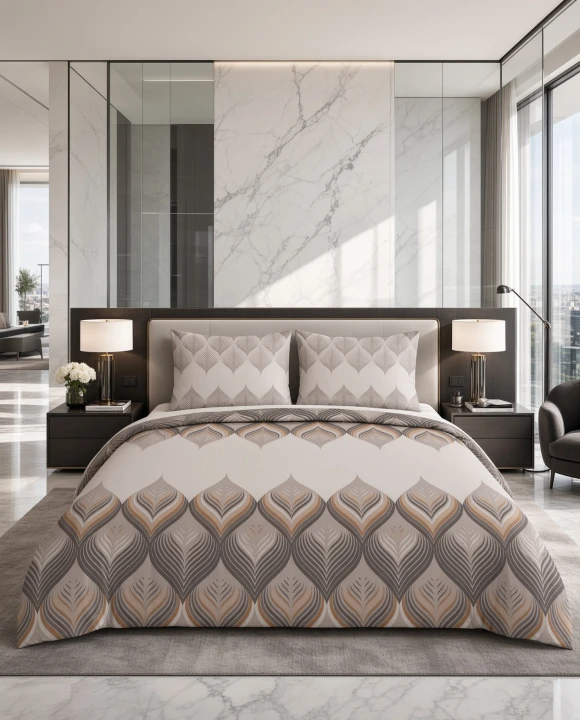 Pościel flanelowa szaro-beżowa wzór geometryczno liściasty – komplet 200x220 cm