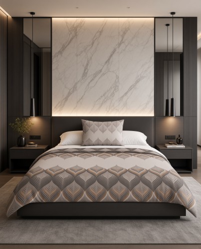 Pościel flanelowa szaro-beżowa wzór geometryczno liściasty – komplet 140x200 cm