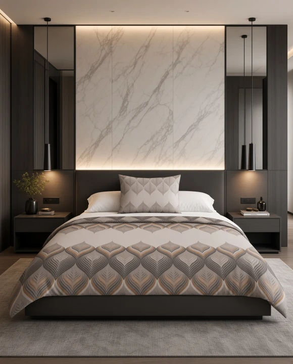Pościel flanelowa szaro-beżowa wzór geometryczno liściasty – komplet 140x200 cm