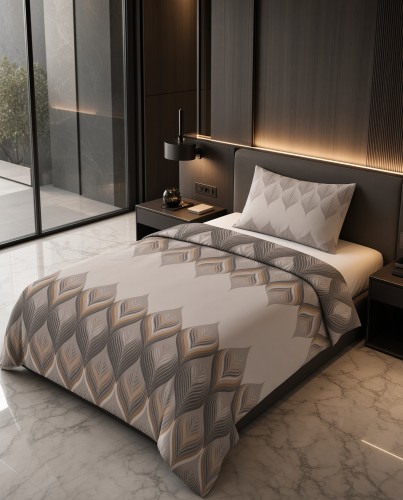 Pościel flanelowa szaro-beżowa wzór geometryczno liściasty – komplet 140x200 cm