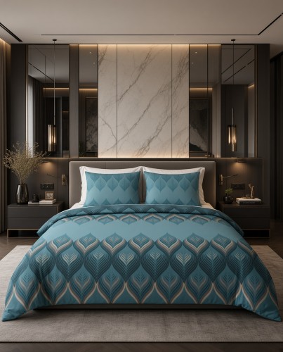 Pościel flanelowa turkusowa wzór geometryczno liściasty – komplet 160x200 cm