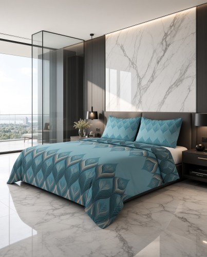 Pościel flanelowa turkusowa wzór geometryczno liściasty – komplet 160x200 cm
