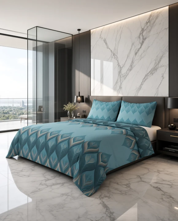 Pościel flanelowa turkusowa wzór geometryczno liściasty – komplet 160x200 cm