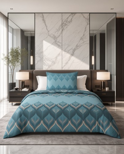 Pościel flanelowa turkusowa wzór geometryczno liściasty – komplet 140x200 cm