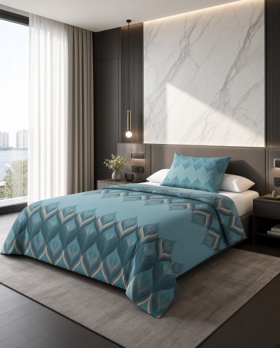 Pościel flanelowa turkusowa wzór geometryczno liściasty – komplet 140x200 cm