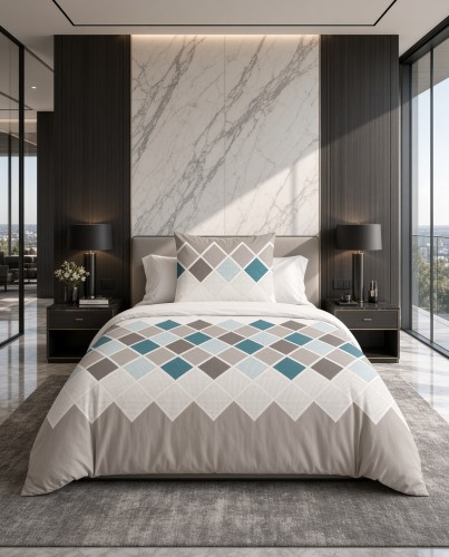 Pościel flanelowa biało szara w turkusową kratę – komplet 140x200 cm