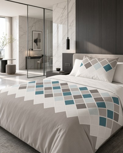 Pościel flanelowa biało szara w turkusową kratę – komplet 140x200 cm