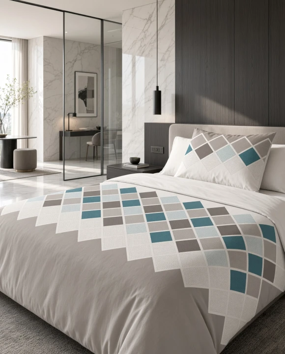 Pościel flanelowa biało szara w turkusową kratę – komplet 140x200 cm