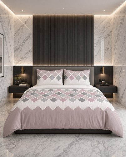 Pościel flanelowa biało różowa krata z szarymi akcentami – komplet 160x200 cm