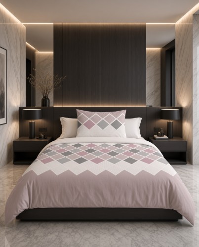 Pościel flanelowa biało różowa krata z szarymi akcentami – komplet 140x200 cm