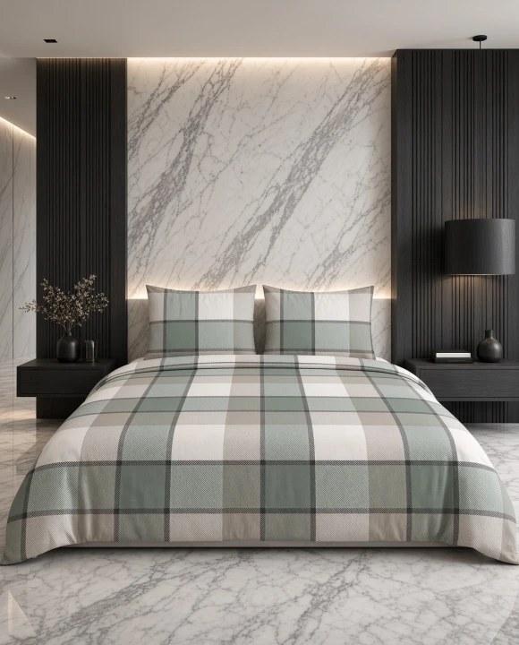 Pościel flanelowa biało szara w zielono beżową kratę – komplet 160x200 cm