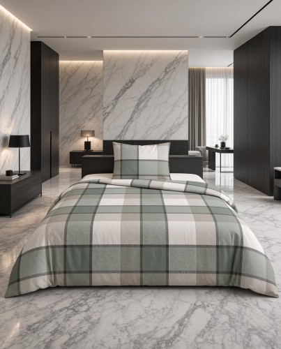 Pościel flanelowa biało szara w zielono beżową kratę – komplet 140x200 cm