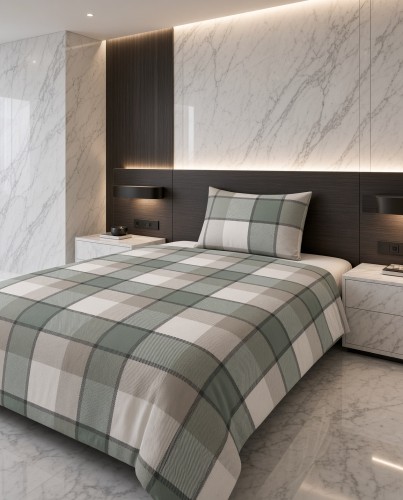 Pościel flanelowa biało szara w zielono beżową kratę – komplet 140x200 cm